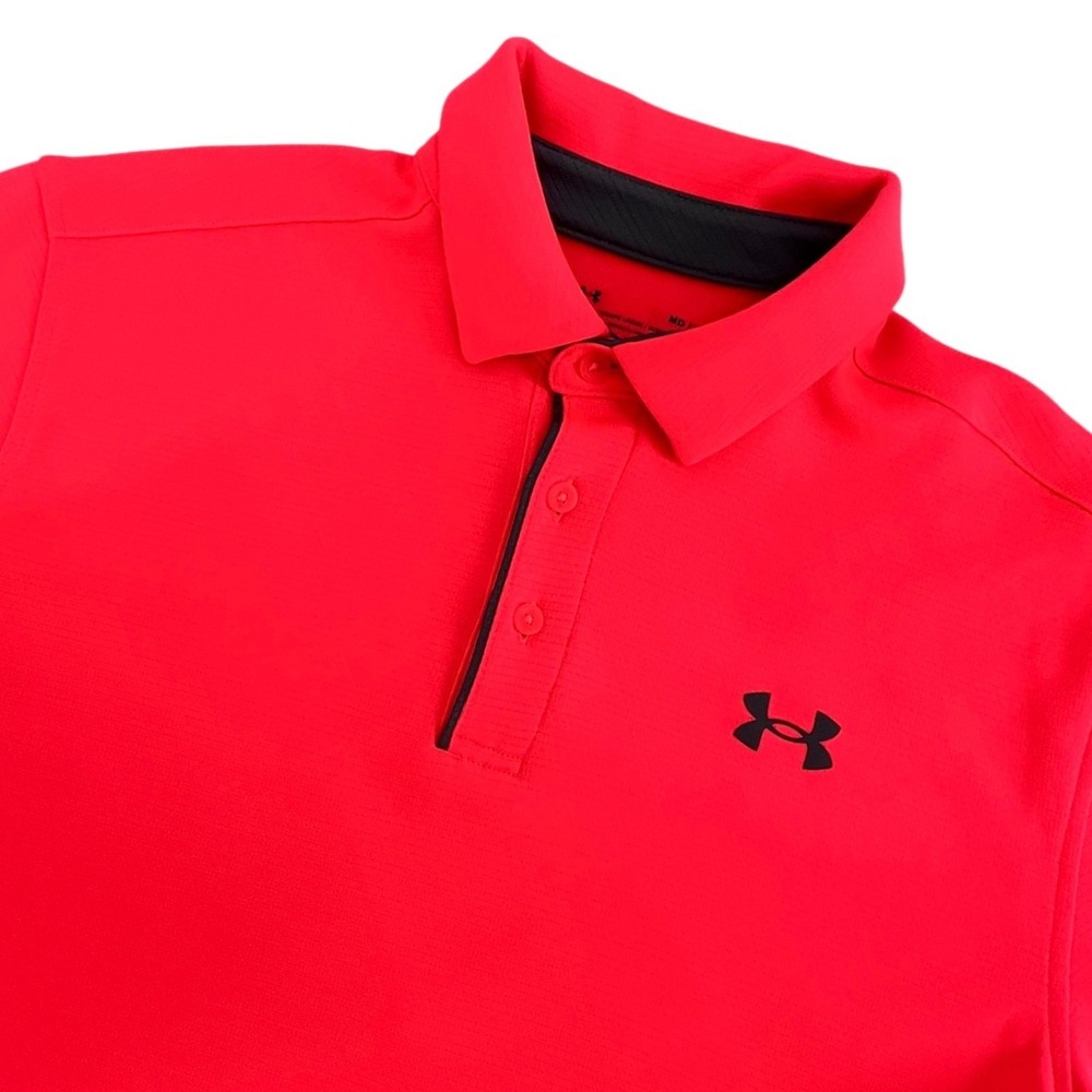 Under‎ Armour Mens Performance Polo Shirt Neon Red Orange Loose Fit Medium